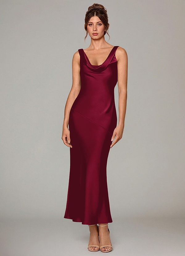 Azazie Rylina 신부 들러리 드레스 인어 주름진 스트레치 새틴 발목 길이 드레스 image1