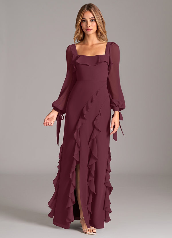 Azazie Candice Bridesmaid Dresses Cabernet A-Line Long Sleeve Chiffon Dress image1