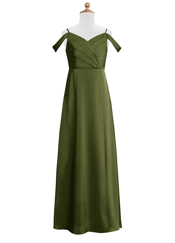 Azazie Ocean Junior Olive A-Line Off the Shoulder Stretch Satin Dress image1