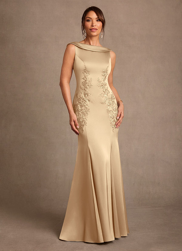 Azazie Franny Mother of the Brides Dresses Champagne Sheath Lace Stretch Satin Dress image1