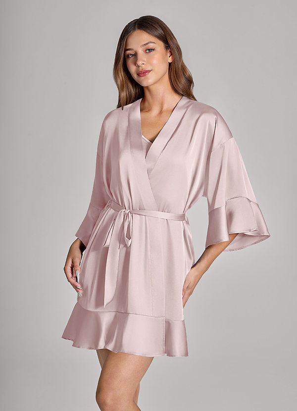 front Bijpassende kleur 2-delige satijnen kamerjas met ruches en onderjurkset