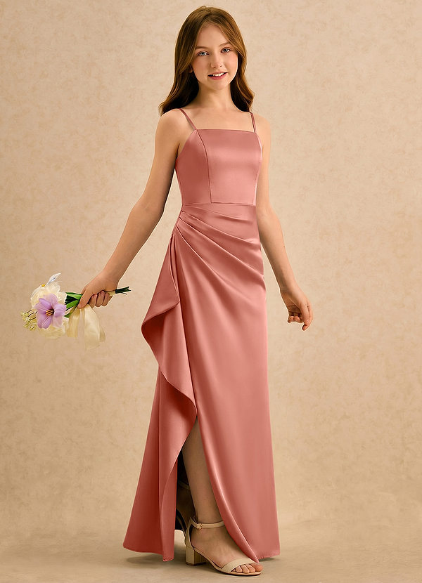 Azazie Cannoli Girls Formal Blumenkinder Kleider A-Linie Plissee Stretch-Satin Kleid Lachsrosa image1