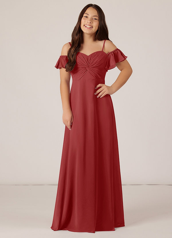 Azazie Juna Junior Robe Trapèze en Mousseline de soie Épaule décolletée Rouille image1