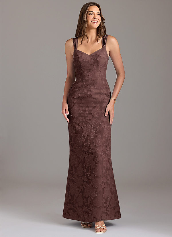 Azazie Denice Bridesmaid Dresses Espresso A-Line Pleated Floral Burnout Dress image1