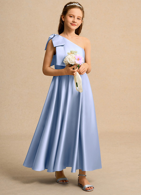 Azazie Guppy Junior Formal Vestidos de Niña de Flores Vestido de Hielo de Satin Mate de Corte En A con Hombro unilateral image1