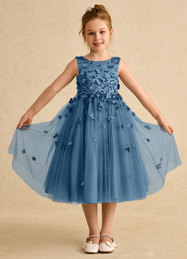Azazie Lana Blumenkinder Kleider A-Linie ärmellos Matte Satin Kleid Bermudablau image1