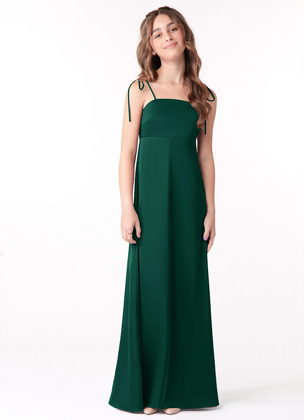 Azazie Violeta Junior Emerald A-Line Bow Stretch Satin Dress image1