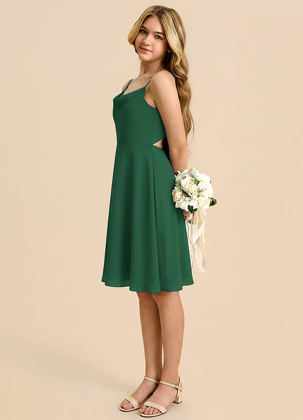 Azazie Shale Junior Vestido de Verde Oscuro de Gasa de Corte en A con Lazo image1