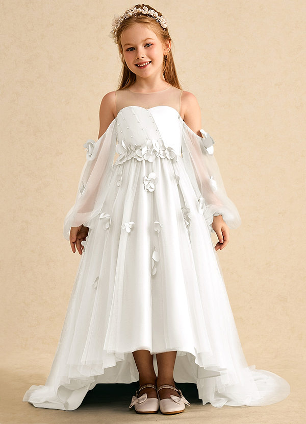 Azazie Karrie Robes de Fillette d'Honneur Robe Trapèze en Tulle avec manches Ivoire image1
