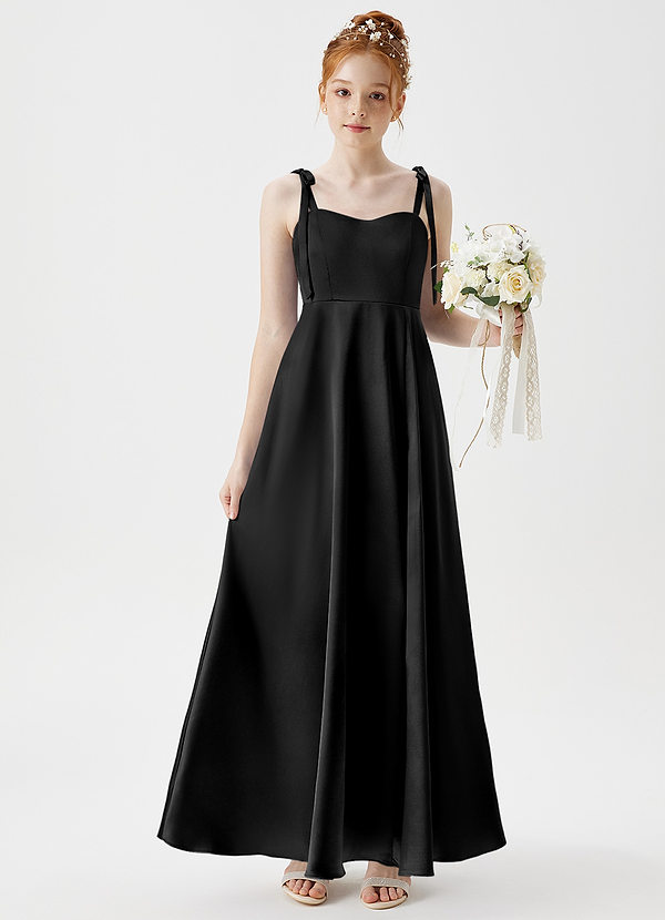 Azazie Rosey Junior A-Linie Herzausschnitt Metallischer Satin Kleid Schwarz image1