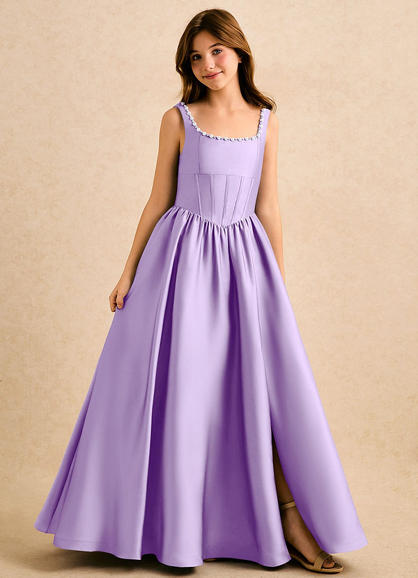 Azazie Enid Girls Formal Sukienki dla dziewczynek sypiących kwiaty Linia A Zroszony Satyna elastyczna Długość podłogi Sukienka image1