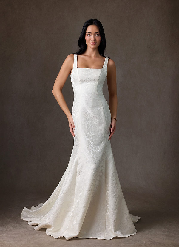 Azazie Quinn 웨딩드레스 인어 스퀘어 네크라인 플로럴 자카드 코트 트레인 드레스 image1