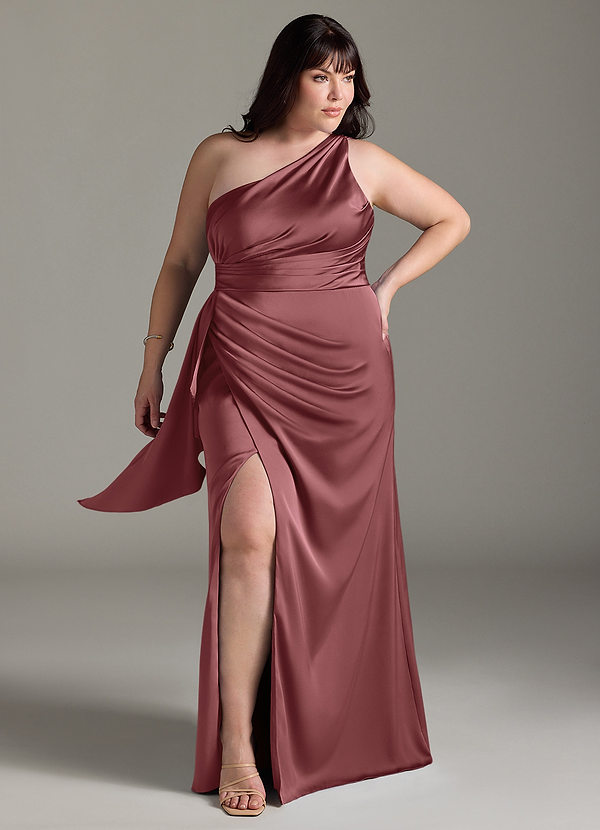 Azazie Maive Robes Demoiselle d'honneur Robe Fourreau en Satin extensible Rayé Améthyste image1