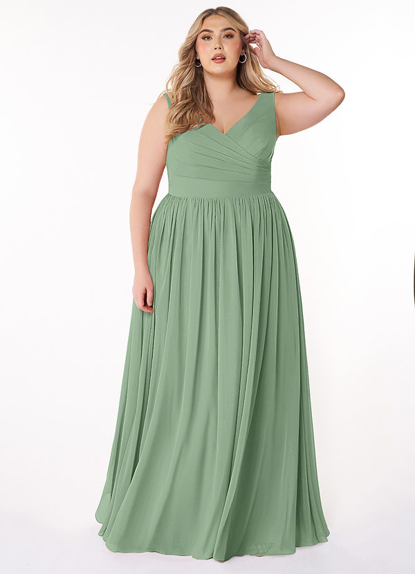 Azazie Keyla Bridesmaid Dresses Matcha A-Line V-Neck Pleated Chiffon Dress image1