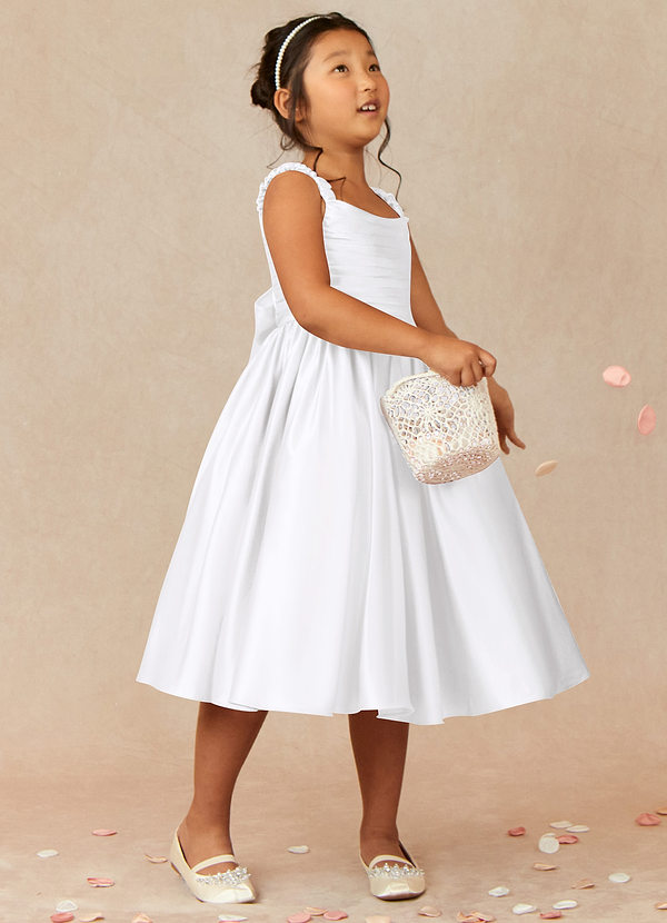 Azazie Cutie Pie Flower Girl Dresses White A-Line Pleated Matte Satin Dress image1