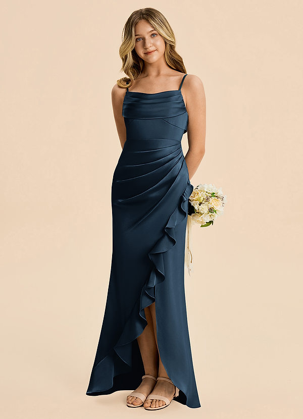 Azazie Mia Junior Dark Navy Mermaid Pleated Stretch Satin Dress image1