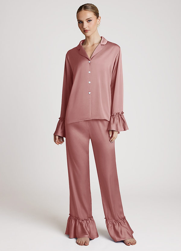 front Dusty Rose Lightweight Satin Ruffle Pajama Set