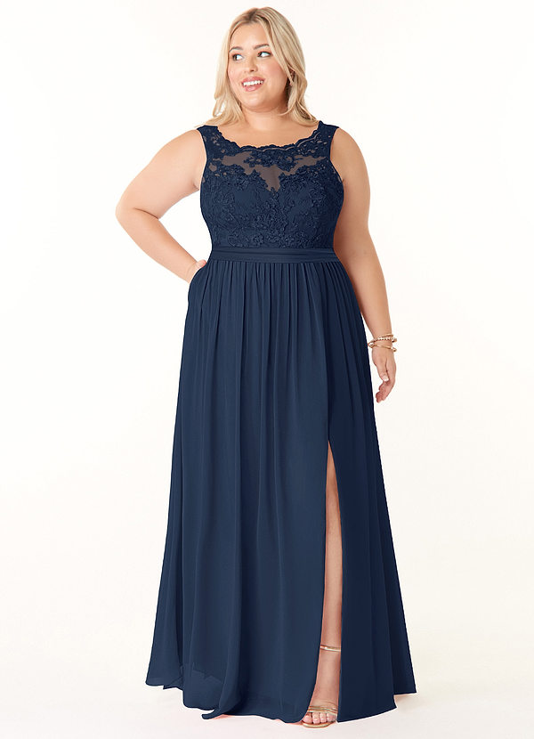 Azazie Elly Bridesmaid Dresses Dark Navy A-Line Lace Scoop Neck Chiffon Dress image1