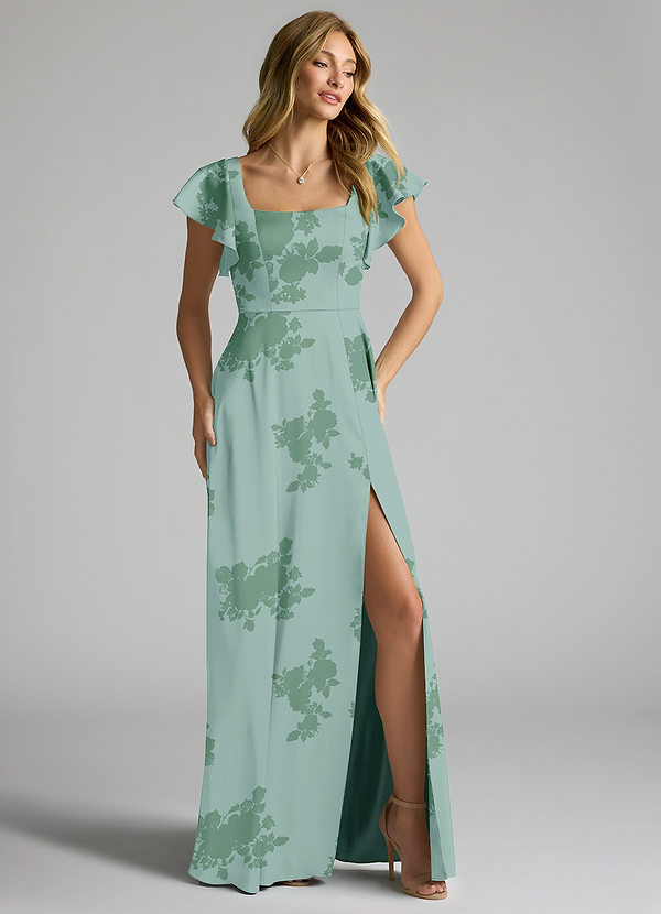 Azazie Bondi Robes Demoiselle d'honneur Robe Trapèze en Satin extensible Arc Fleurs De Sauge Poussiéreuse image1