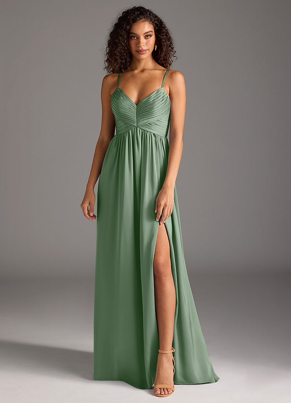Azazie Alia Bridesmaid Dresses Matcha A-Line Pleated Stretch Satin Dress image1