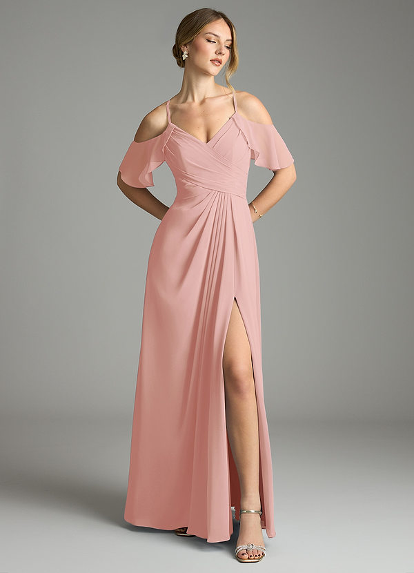 Azazie Dakota Bridesmaid Dresses Rosette A-Line V-Neck Pleated Chiffon Dress image1