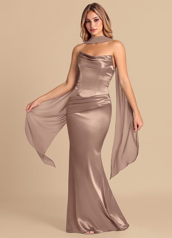 Azazie Sorrel 신부 들러리 드레스 인어 코르셋 메탈릭 새틴 바닥 길이 드레스 image1