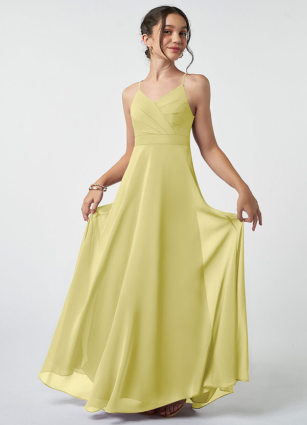 Azazie Avelina Junior Lemon Sorbet A-Line Pleated Chiffon Dress image1