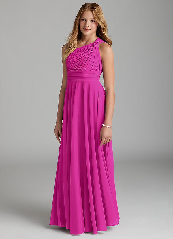 Azazie Charlize Junior Fuchsia A-Line Mesh Dress image1