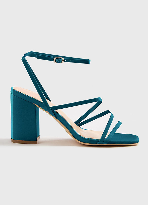 front Matching Color Matte Satin Ankle Strap Block Heel Sandals