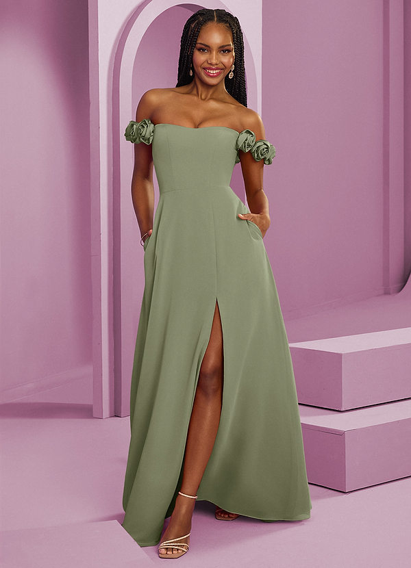 Barbie ♥ Azazie Robes Demoiselle d'honneur Robe Trapèze Convertible en Mousseline de soie Épaule décolletée Pistache image1