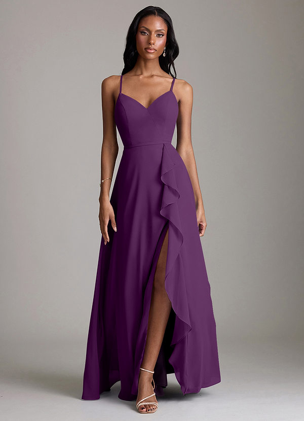 Azazie Naeem Bridesmaid Dresses Grape A-Line V-Neck Ruffle Chiffon Dress image1