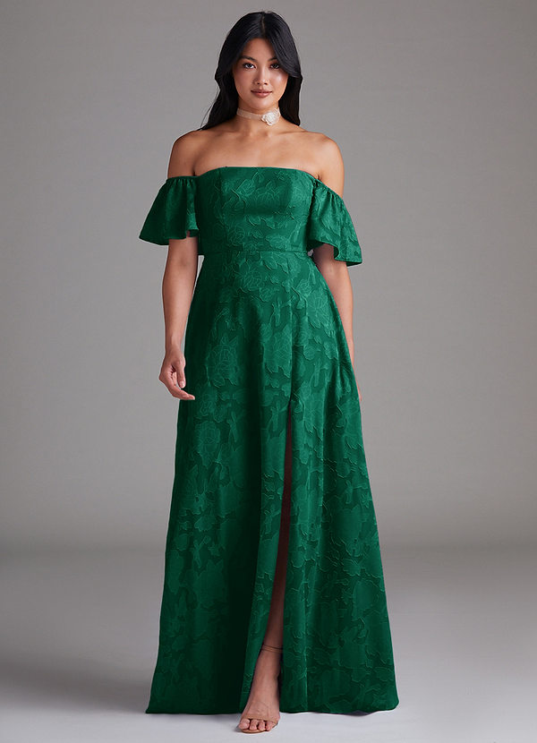 Azazie Sue Bruidsmeisjes Jurken Converteerbaar Jurk van Bloemen Burn-out met A-Lijn Off the Shoulder Smaragd image1