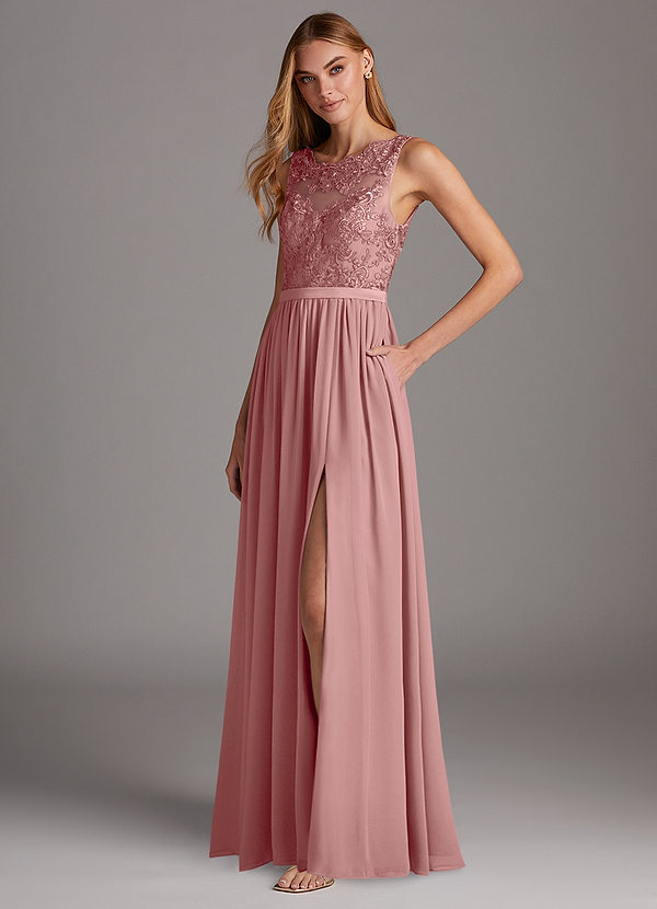 Azazie Elly Bridesmaid Dresses Dusty Rose A-Line Lace Scoop Neck Chiffon Dress image1
