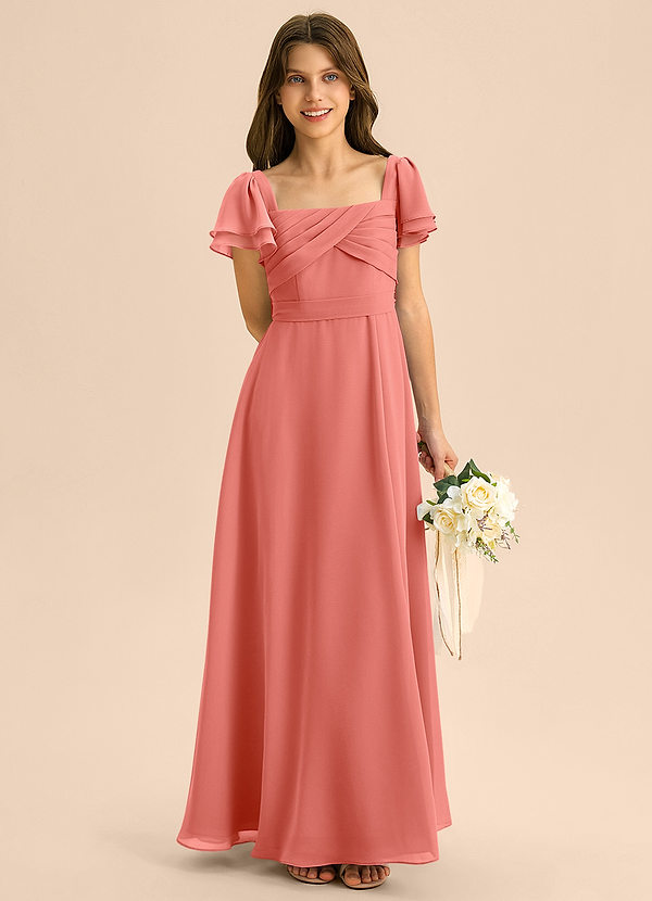 Azazie Azey Junior Salmon Pink A-Line Ruched Chiffon Dress image1