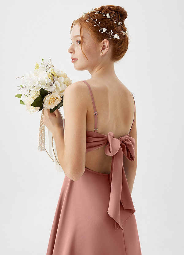 Azazie Shale Junior Rosette A-Line Stretch Satin Dress image1