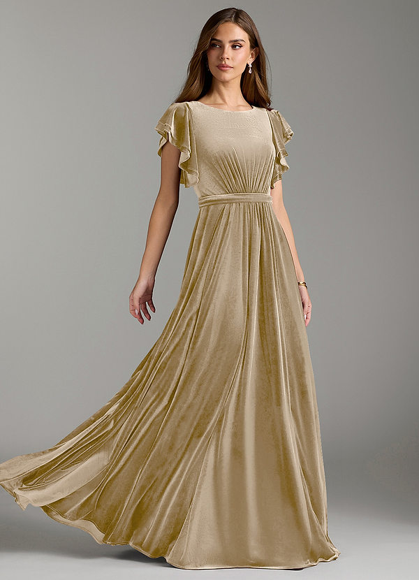 Azazie Daphne Modest Bridesmaid Dresses A-Line Velvet Floor-Length Dress with Belt image1