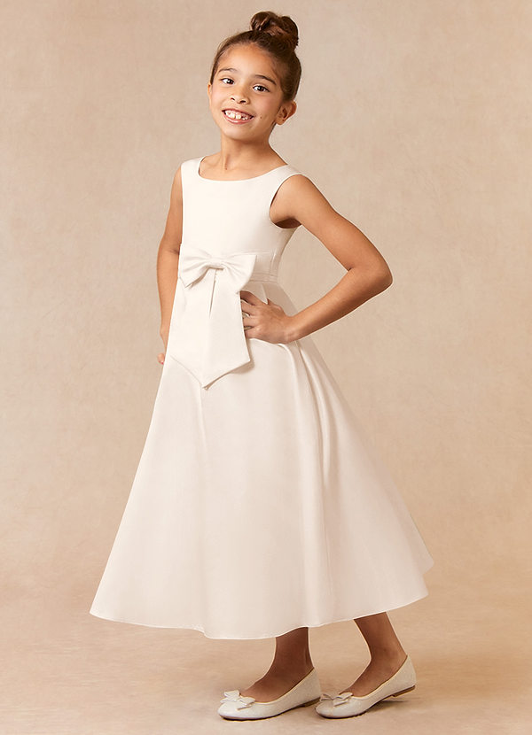 Azazie Lindy Flower Girl Dresses White Alabaster A-Line Pleated Matte Satin Dress image1