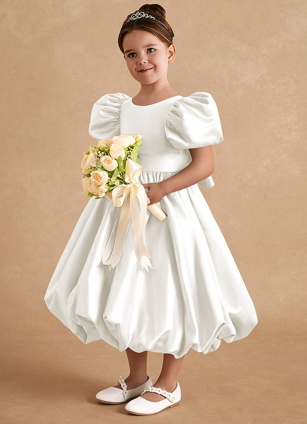 Azazie Jellybean Flower Girl Dresses Ivory Ball-Gown Ruched Matte Satin Dress image1
