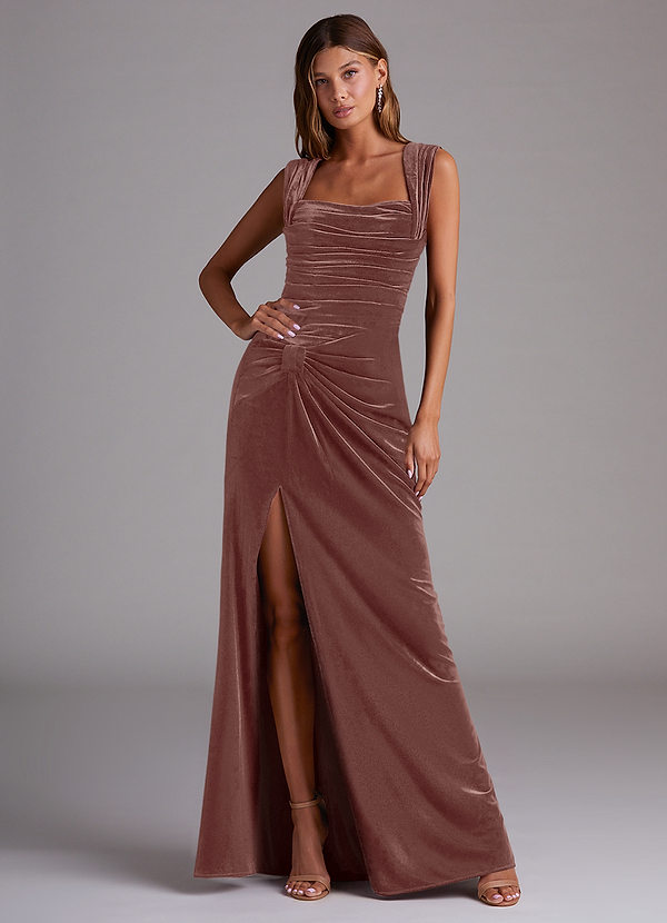 Azazie Genesis Bridesmaid Dresses Rustic Rose Sheath Pleated Velvet Dress image1