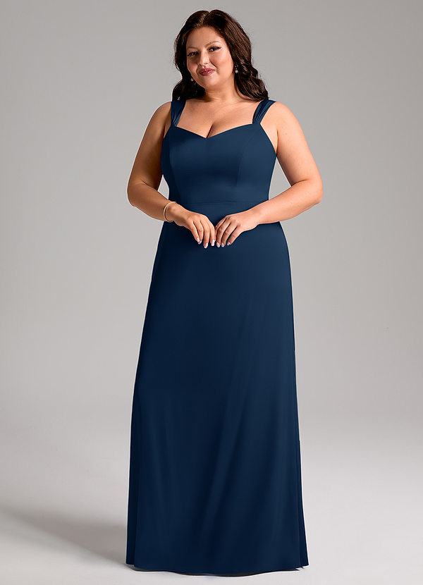 Azazie Denice Brautjungfernkleider Etui Plissee Stretch-Satin Kleid Dunkelmarine image1