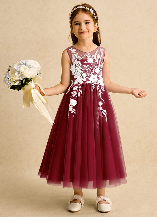 Azazie Sundae Robes de Fillette d'Honneur Robe Princesse en Dentelle Bourgogne image1