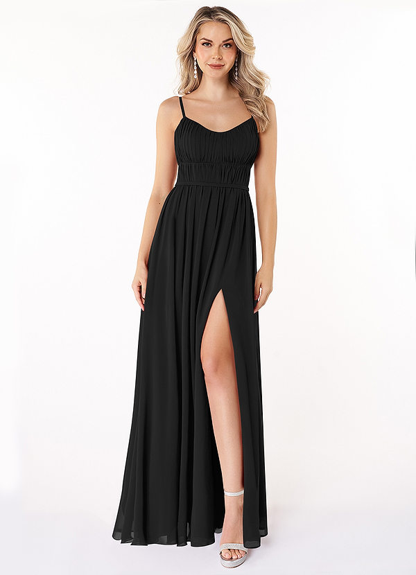 Azazie Yanelie Bridesmaid Dresses Black A-Line Scoop Pleated Chiffon Dress image1