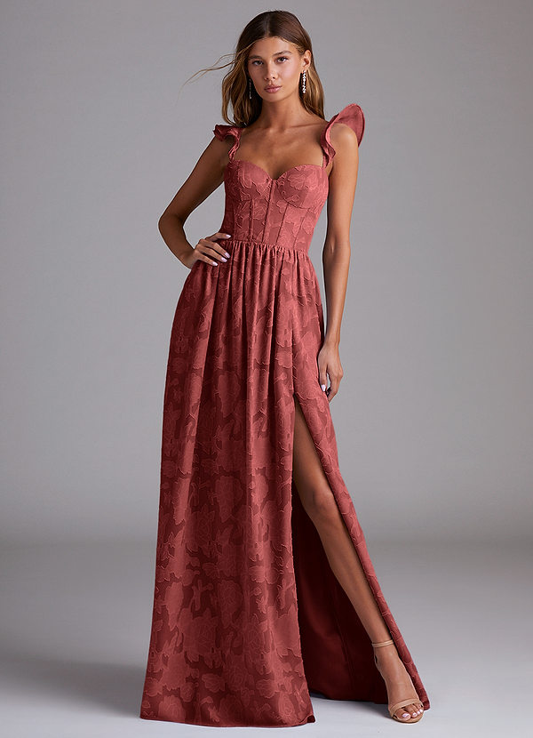 Azazie Denisse Robes de demoiselle d'honneur Robe Trapèze en Blumen-Burnout Drapé Terracotta image1