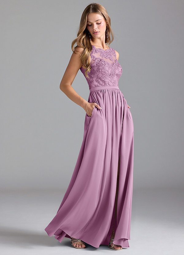 Azazie Elly Bridesmaid Dresses Wisteria A-Line Lace Stretch Satin Dress image1