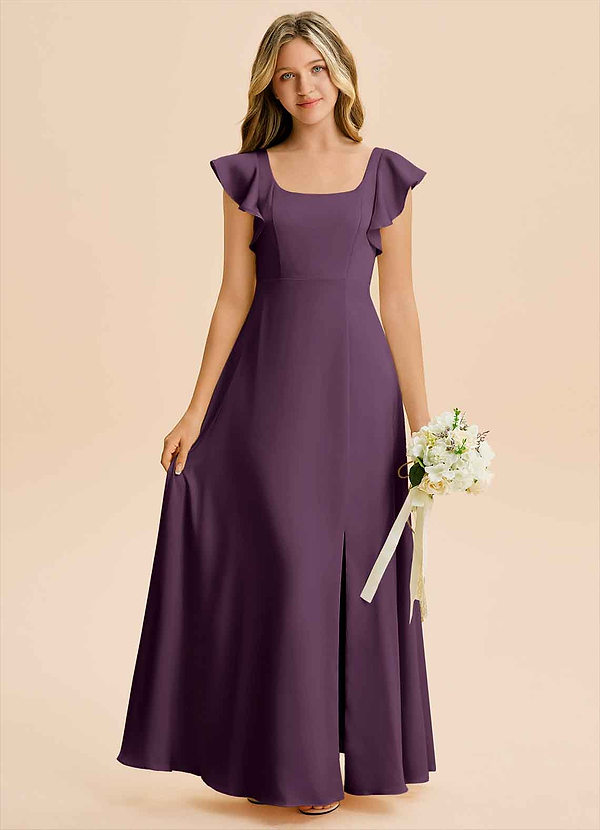 Azazie Bondi Junior A라인 사이드 슬릿 스트레치 새틴 플로어 길이 주니어 신부 들러리 드레스 image1