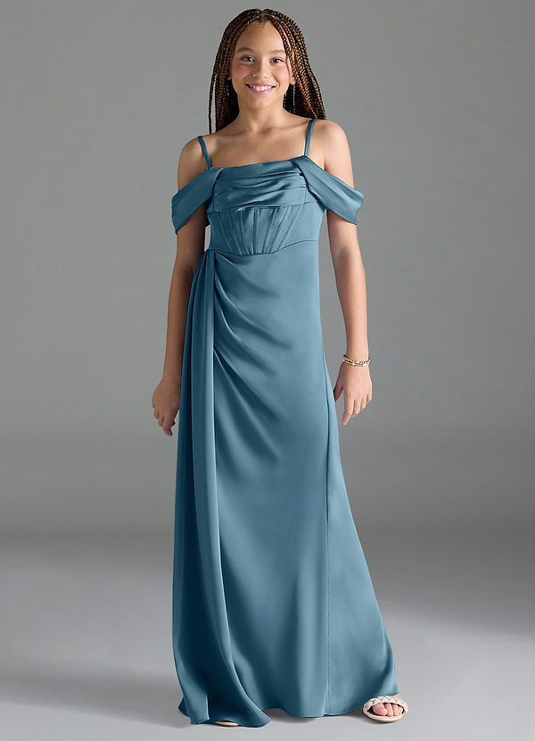 Azazie Amyra Junior Bermuda Sheath Off the Shoulder Stretch Satin Dress image1