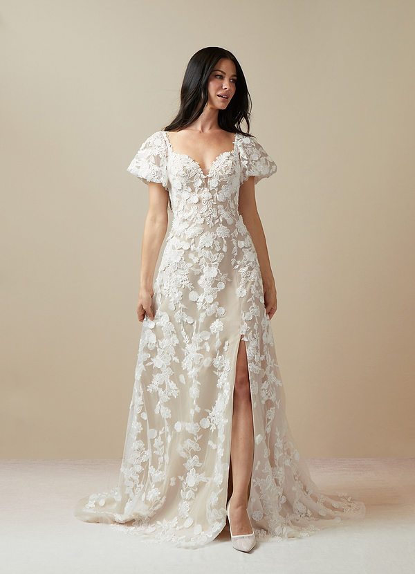 Azazie Vivienne Wedding Dresses Diamond White Nude A-Line Sweetheart Lace Dress image1