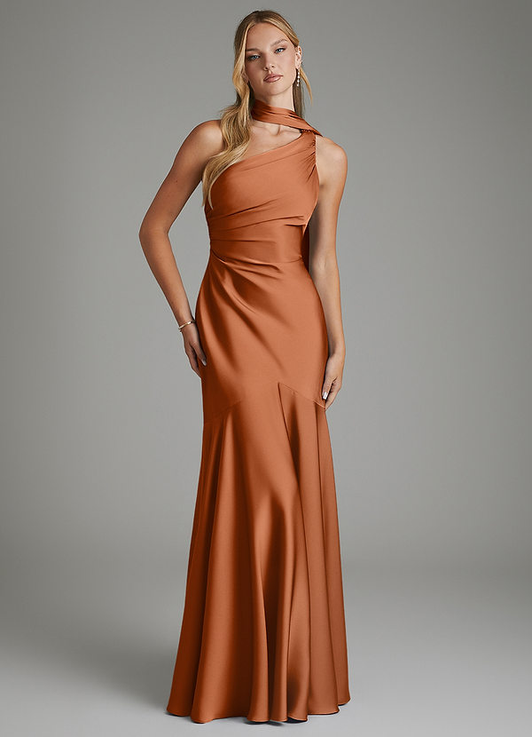 Azazie Amara Vestidos de dama de honor Vestido Cobre de Satén Elástico de Corte Sirena con Un hombro image1