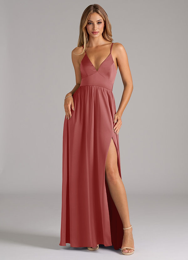 Azazie Aaida Bridesmaid Dresses Antique Rose A-Line Corset Stretch Satin Dress image1