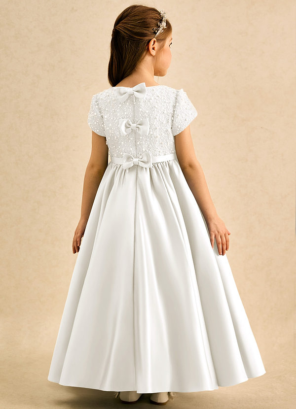 Azazie Cashew Flower Girl Dresses Ivory Ball-Gown with Sleeves Matte Satin Dress image1